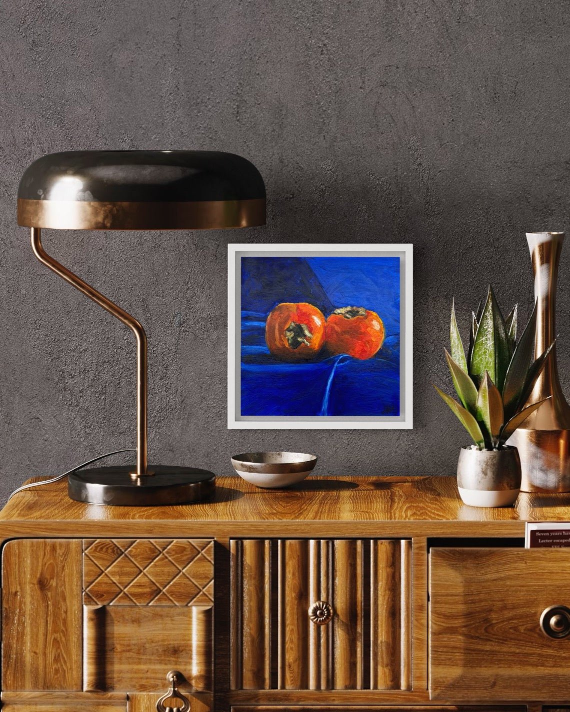 Persimmons on royal blue - Johanna Hattner Fine Art