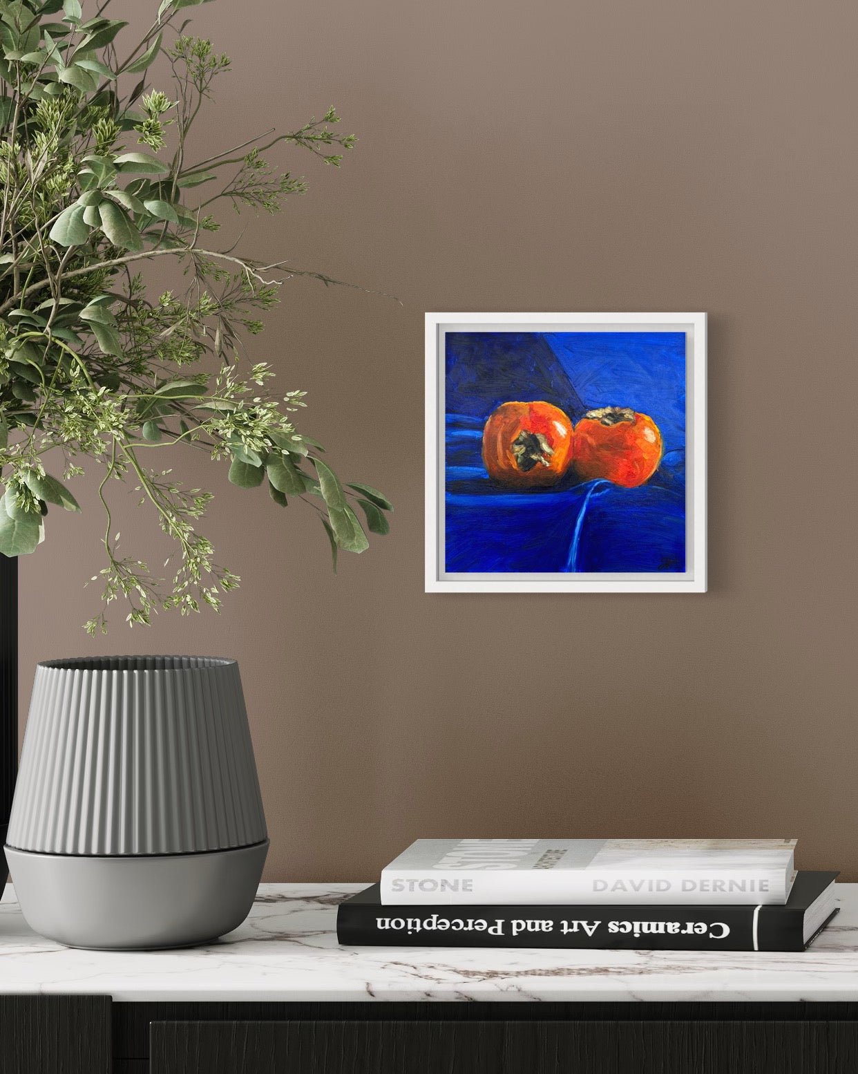 Persimmons on royal blue - Johanna Hattner Fine Art