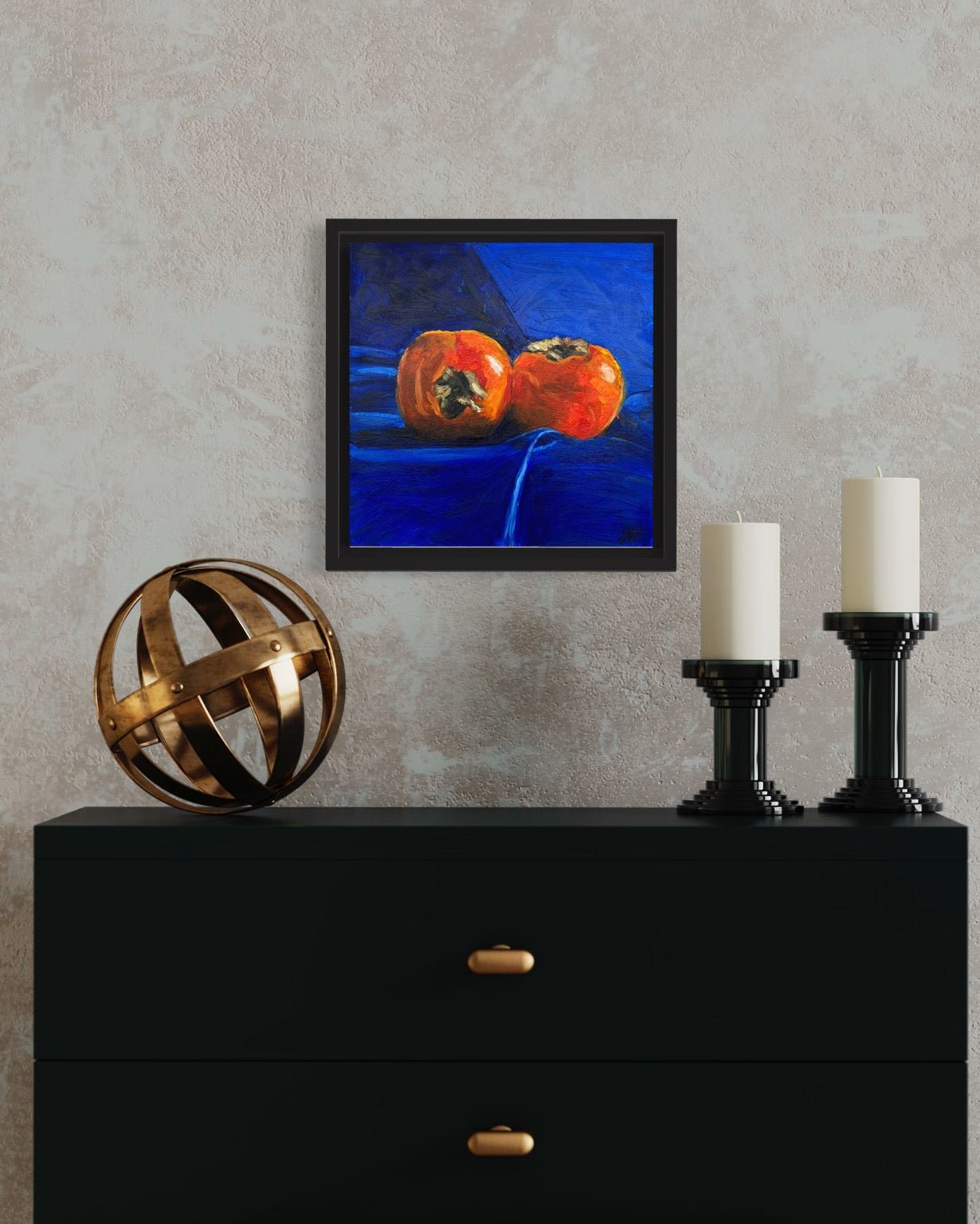 Persimmons on royal blue - Johanna Hattner Fine Art