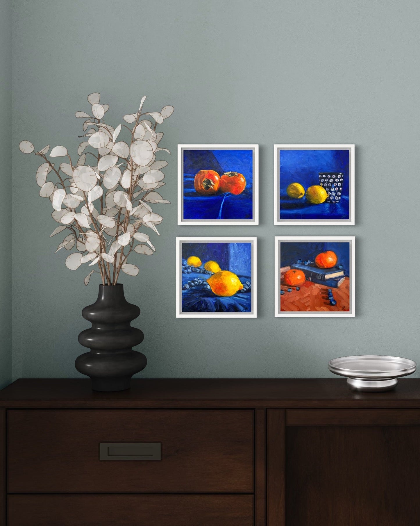 Persimmons on royal blue - Johanna Hattner Fine Art