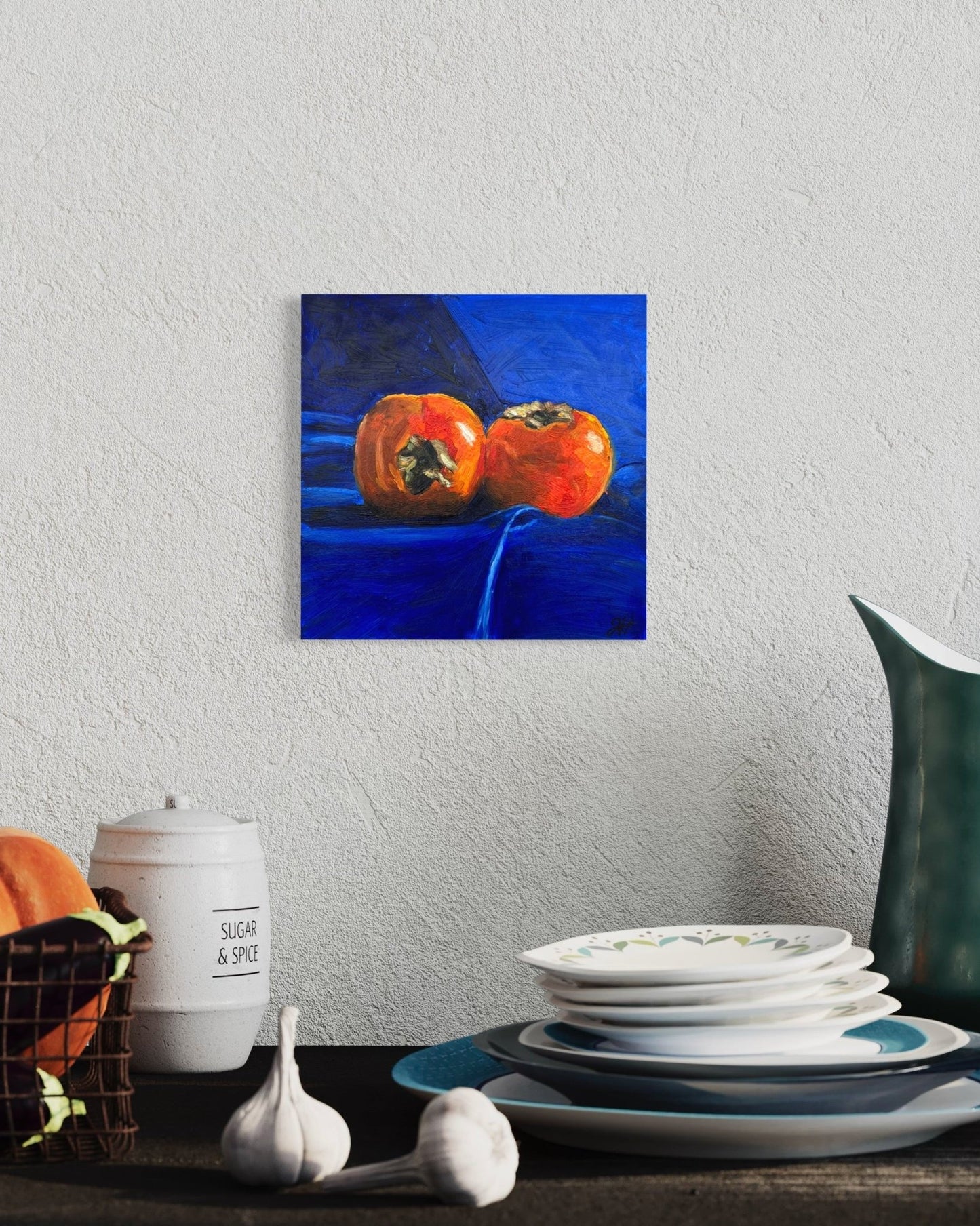 Persimmons on royal blue - Johanna Hattner Fine Art