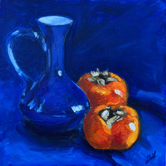 "Persimmons and blue vase"